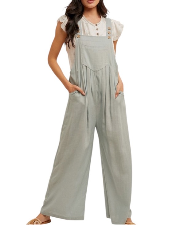 Pants - Light Sage Wide-Leg Linen Blend Overalls Jumpsuit